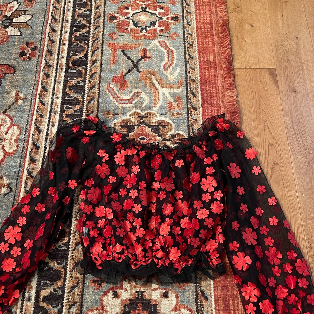 Red and black floral sheer top